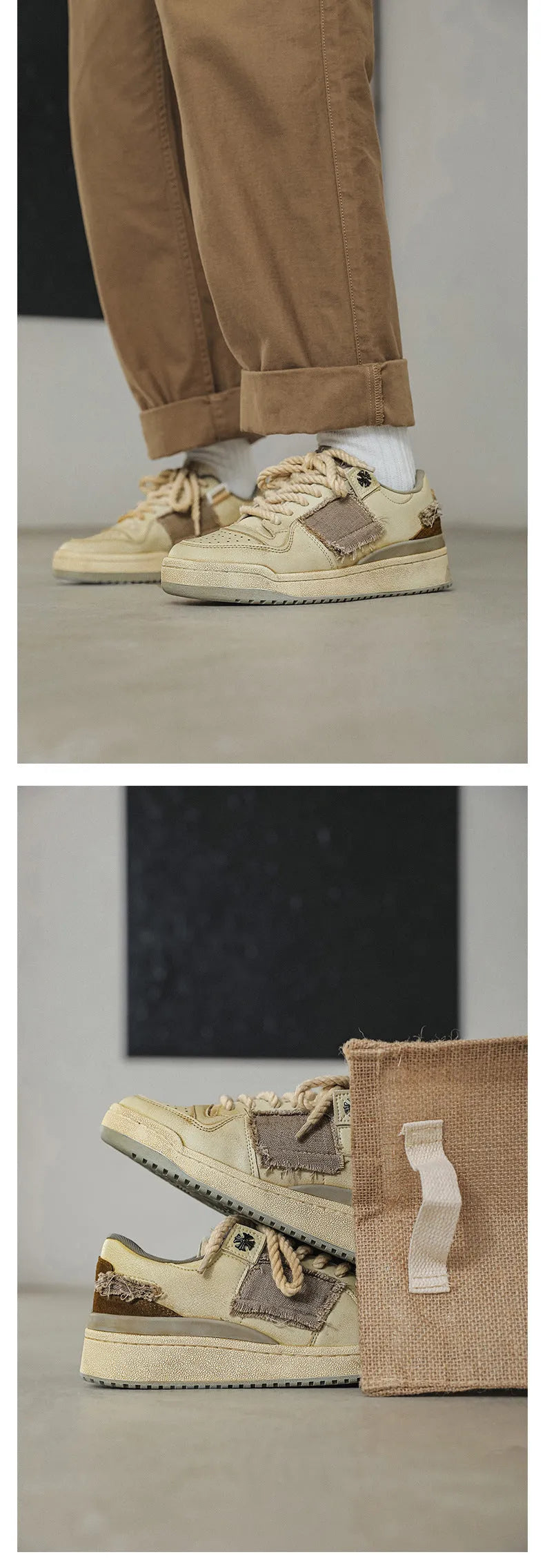 Beige low top skateboard shoes with rubber sole and front lace-up design