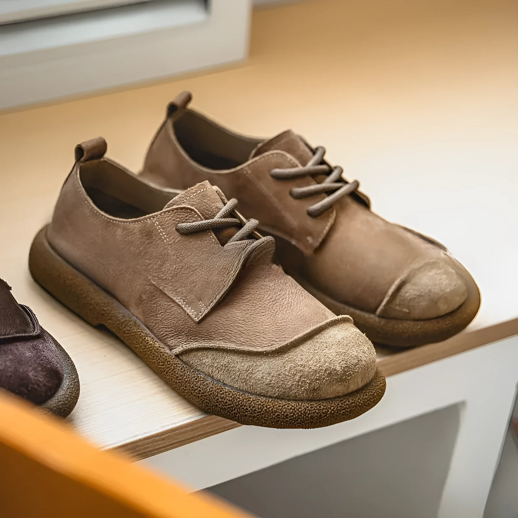 Men's casual lace up leather shoes in brown, matte finish, round toe, flat heel, sewing thread details, size 38-44