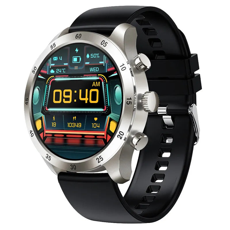 Black Bluetooth smartwatch with steel strap showing call interface and health metrics on screen.
