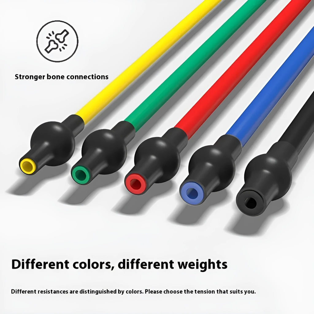 TPE chest expander exercise equipment showing five colour-coded resistance options from yellow 10LB to black 30LB with tension rope