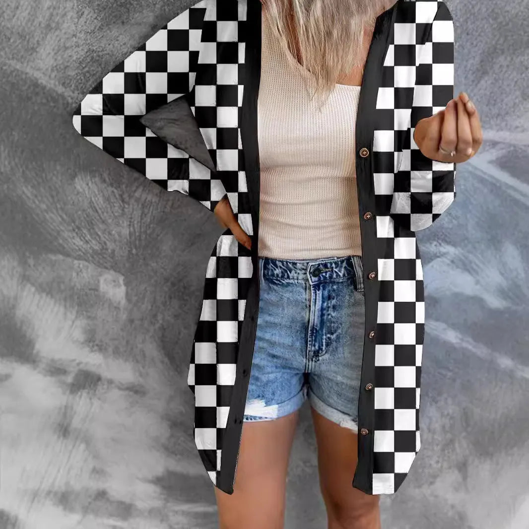 Long grey women's plaid patterned loose knit cardigan coat with regular sleeves on a hanger.