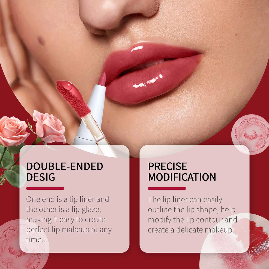 Double-headed lip liner and lip lacquer pen lipstick in twist-up packaging.
