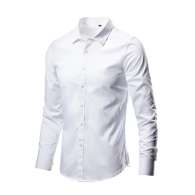 Men's loose-fit long-sleeve linen shirt on a hanger, shown in a light grey colour.