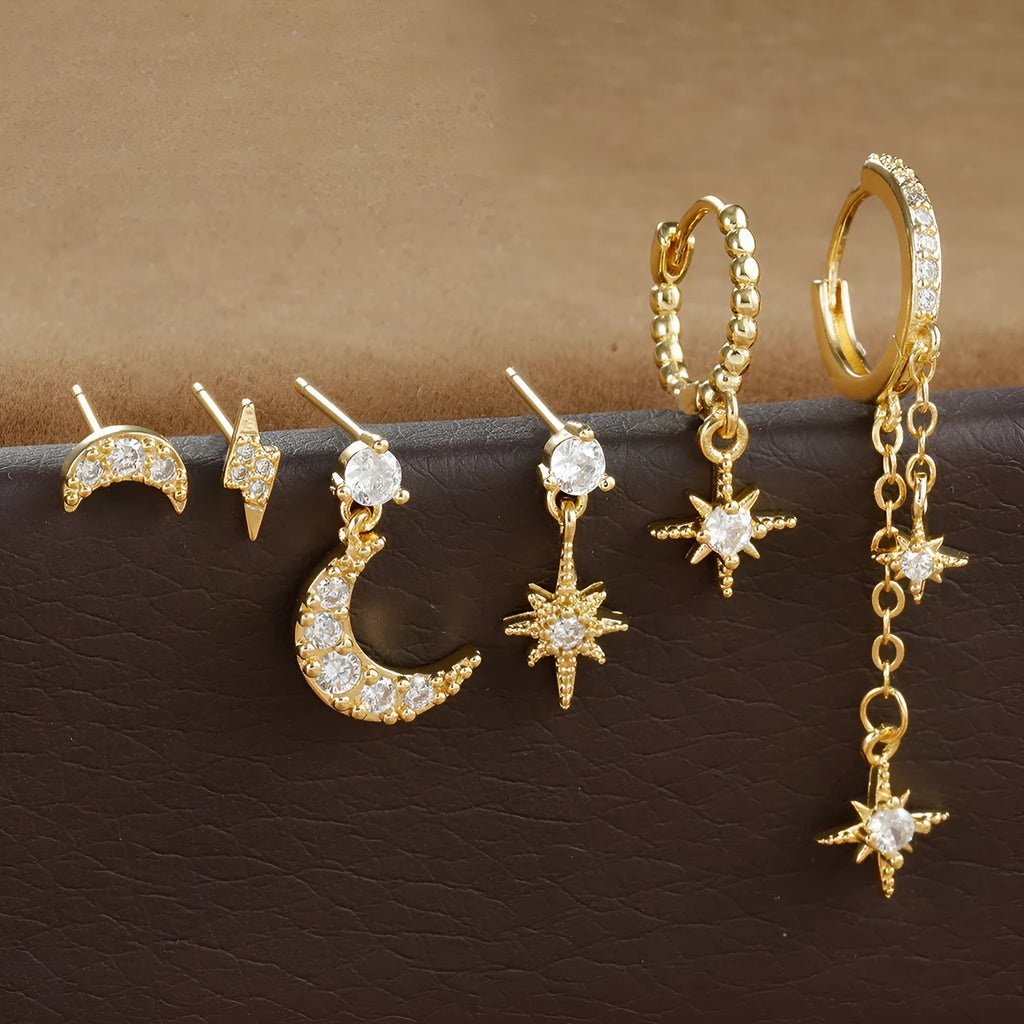 XINGX Six Mans gold electroplated chain tassel earrings six-piece set with zircon studs