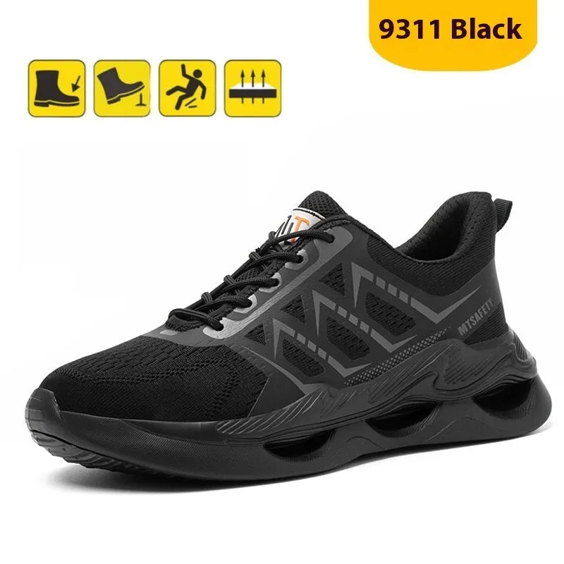 Black lightweight breathable steel toe cap safety shoes with flat knit upper and rubber outsole