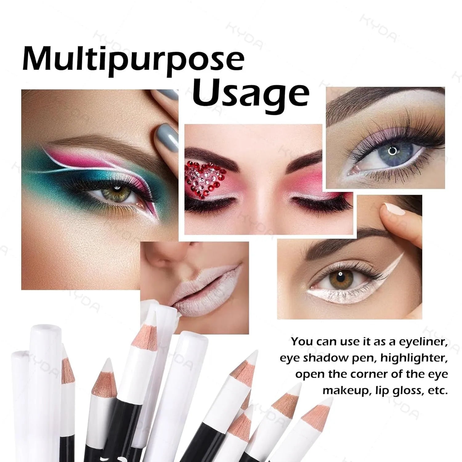 12 white and black waterproof eyeliner pencils with retractable design and sharpener for multi-use makeup