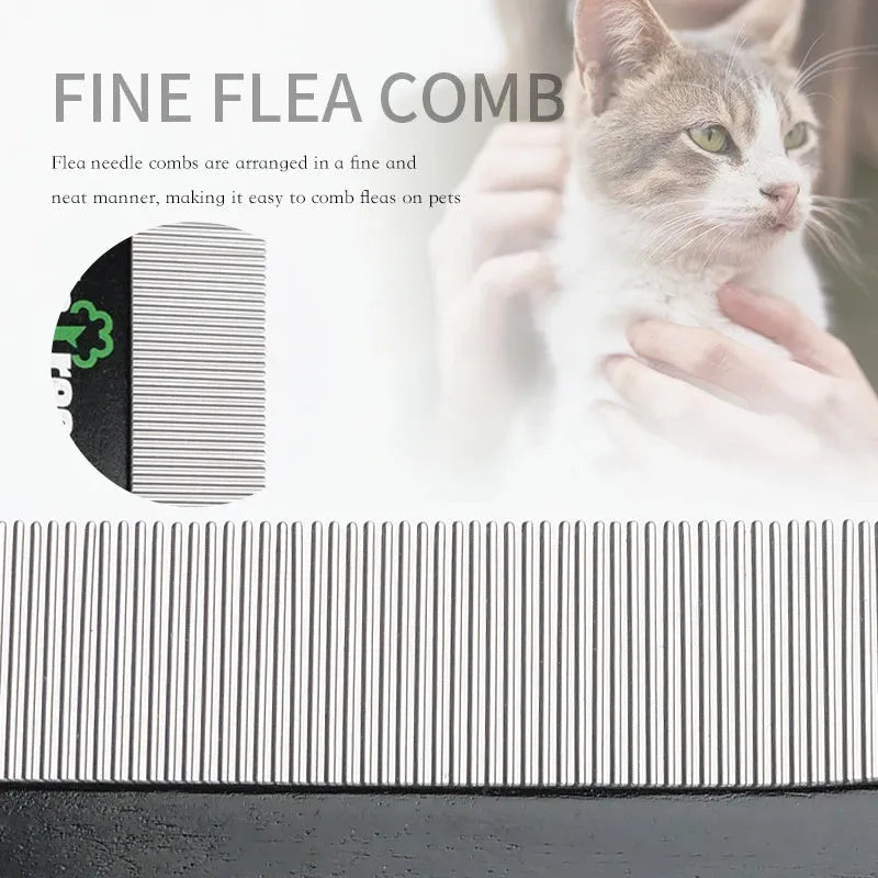 Black double-sided pet hair comb with stainless steel teeth and wood handle on white background