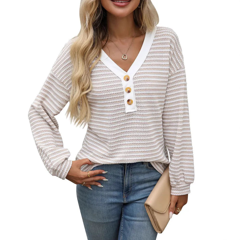 Women's loose V-neck pullover top with patchwork design in polyester fabric