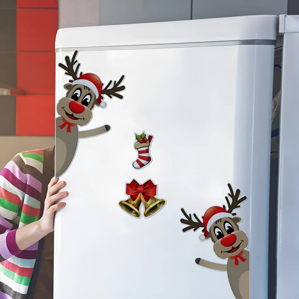 Cartoon-style Christmas elk magnetic bumper sticker with luminous reflective finish.