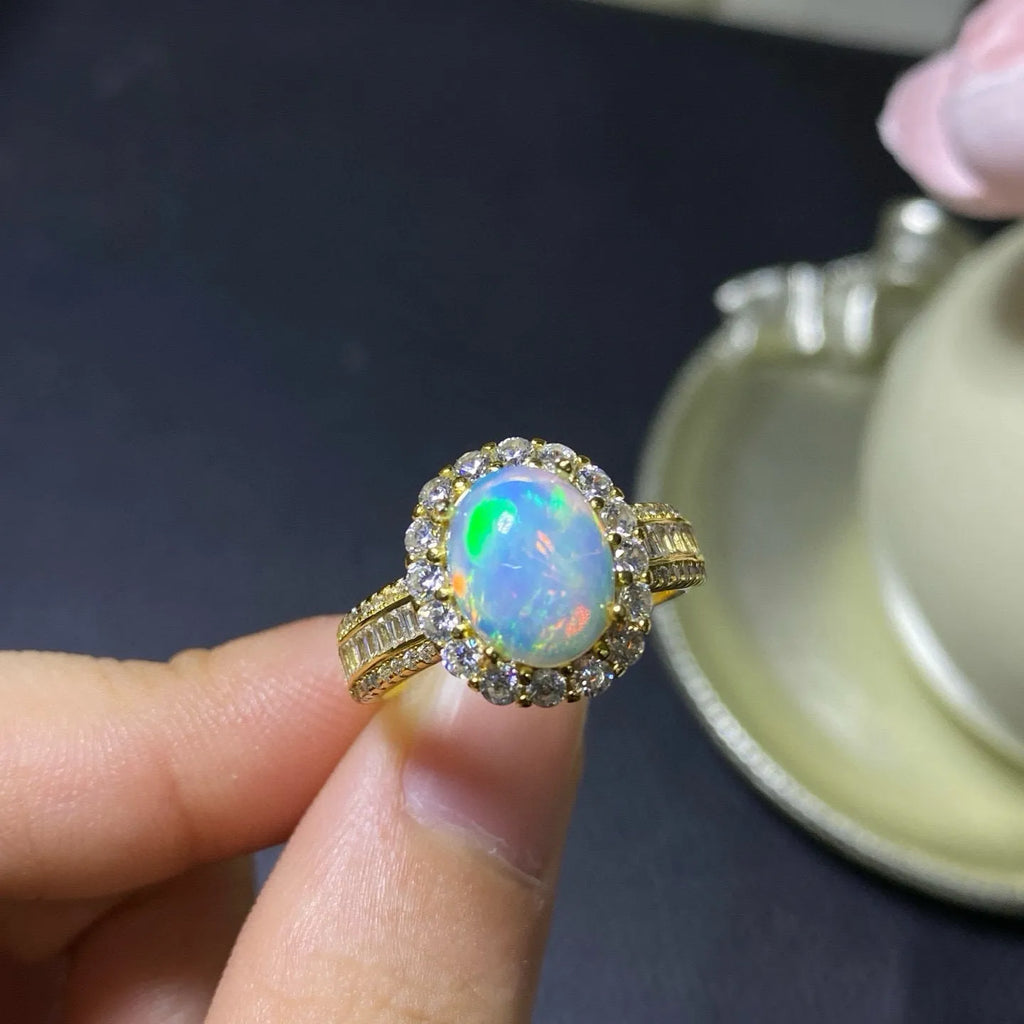 Natural opal handmade silver ring with adjustable opening band in rose gold finish