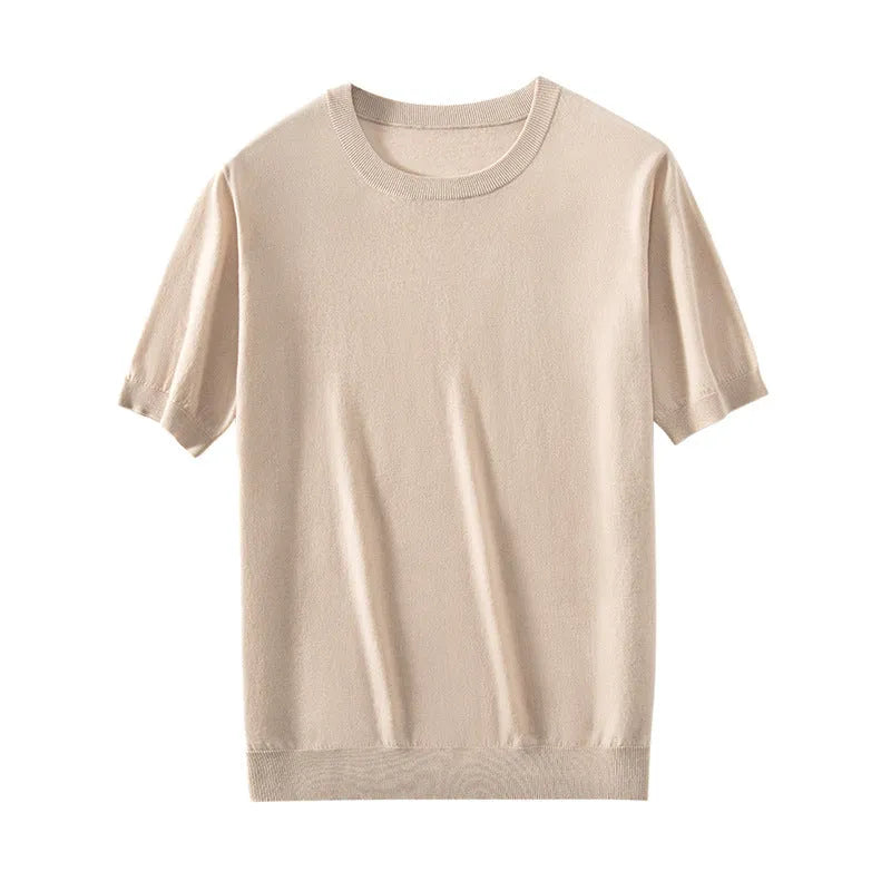 Men's knitted thin short sleeve round neck loose casual top in multiple colours: white, glacier blue, dark blue, black, cocoa brown, light gray, elegant beige, rock gray