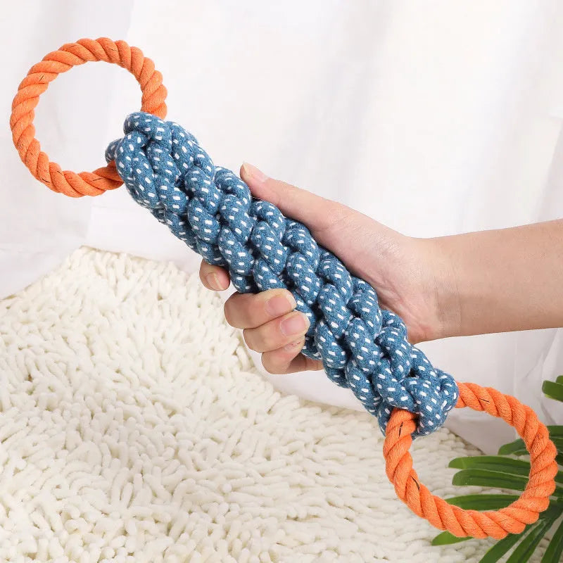 Blue double-ring braided cotton knot dog toy on white background, 37cm length