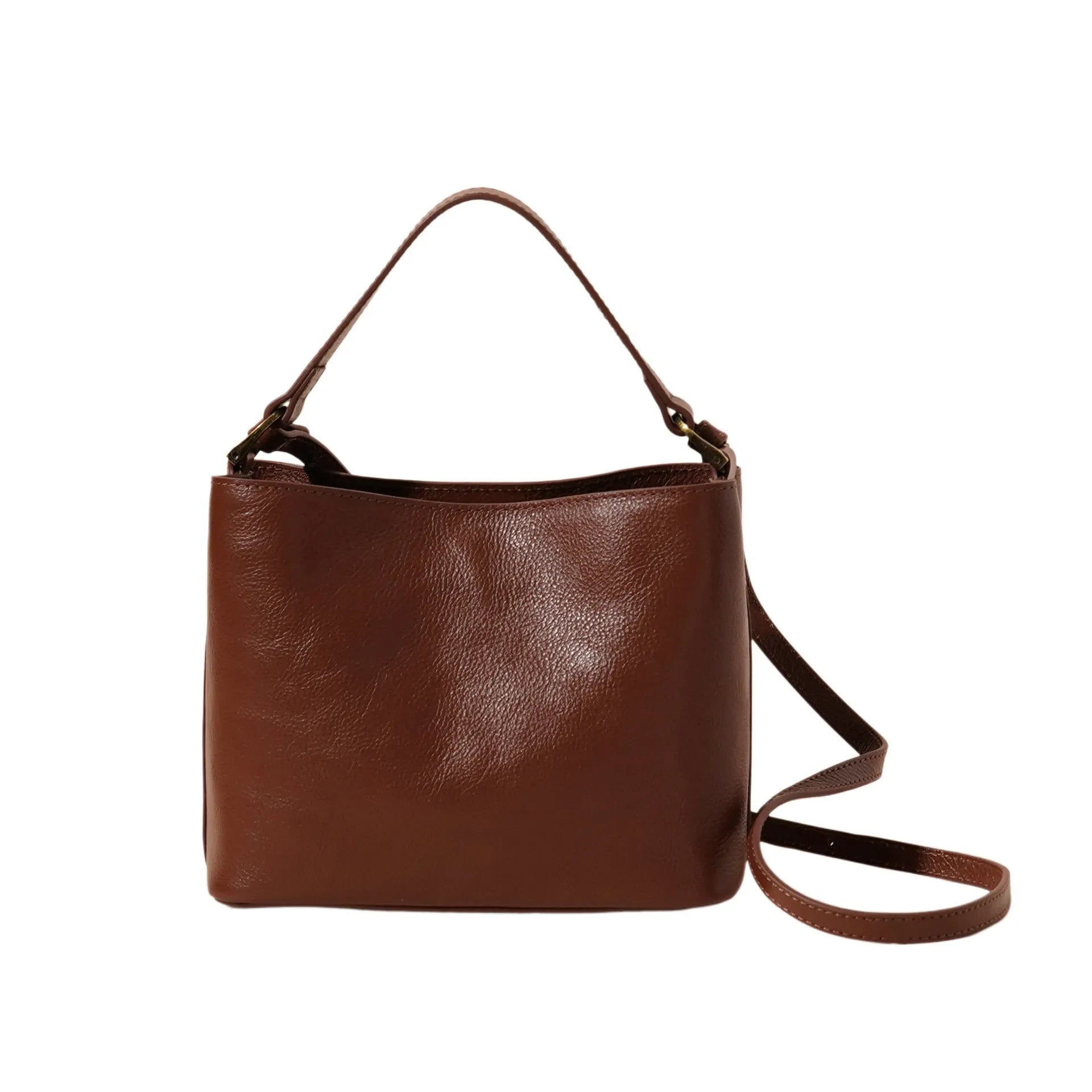 Genuine cowhide leather shoulder handbag sugar brown square vertical shape with sewing thread details on front