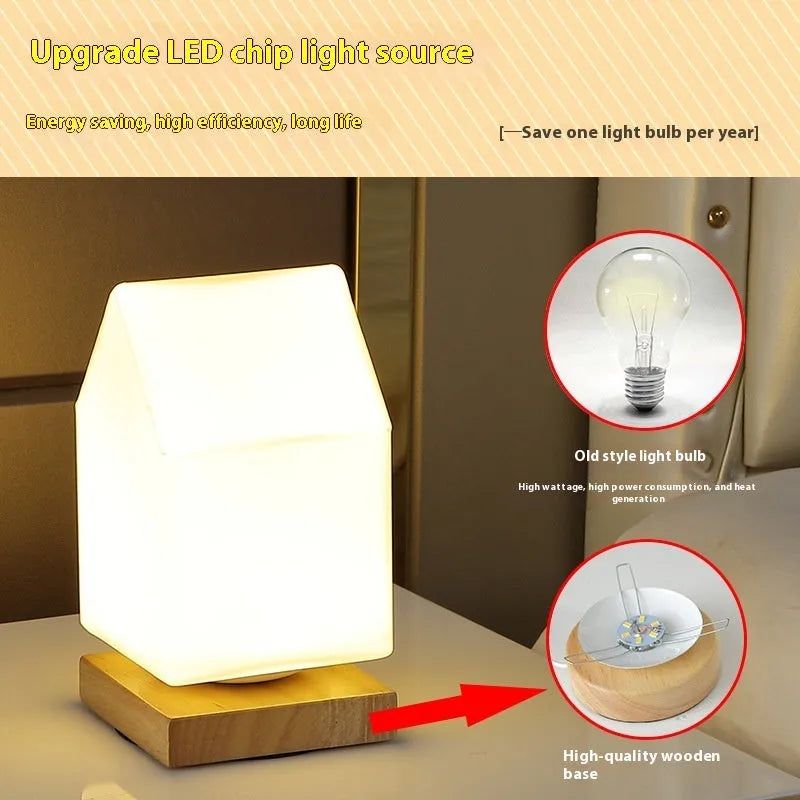 Nordic-style solid wood USB table lamp in geometric shape with touch dimming control