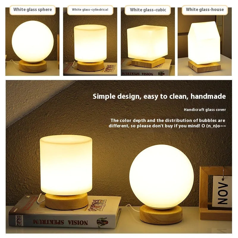 Nordic-style solid wood USB table lamp in geometric shape with touch dimming control