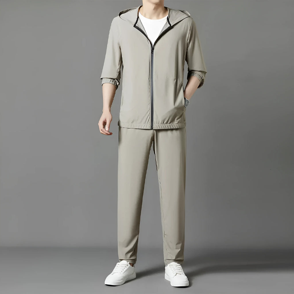 Korean style sun protective clothing suit in gray, loose hooded design with slit pockets