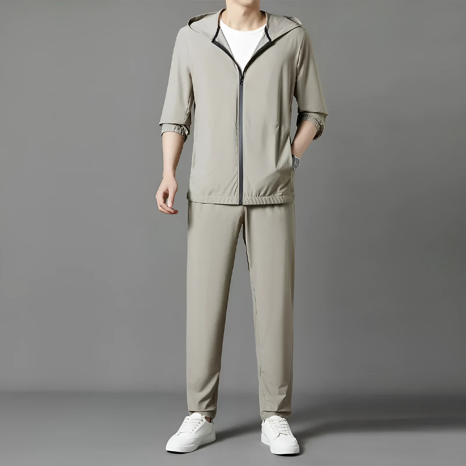 Korean style sun protective clothing suit in gray, loose hooded design with slit pockets