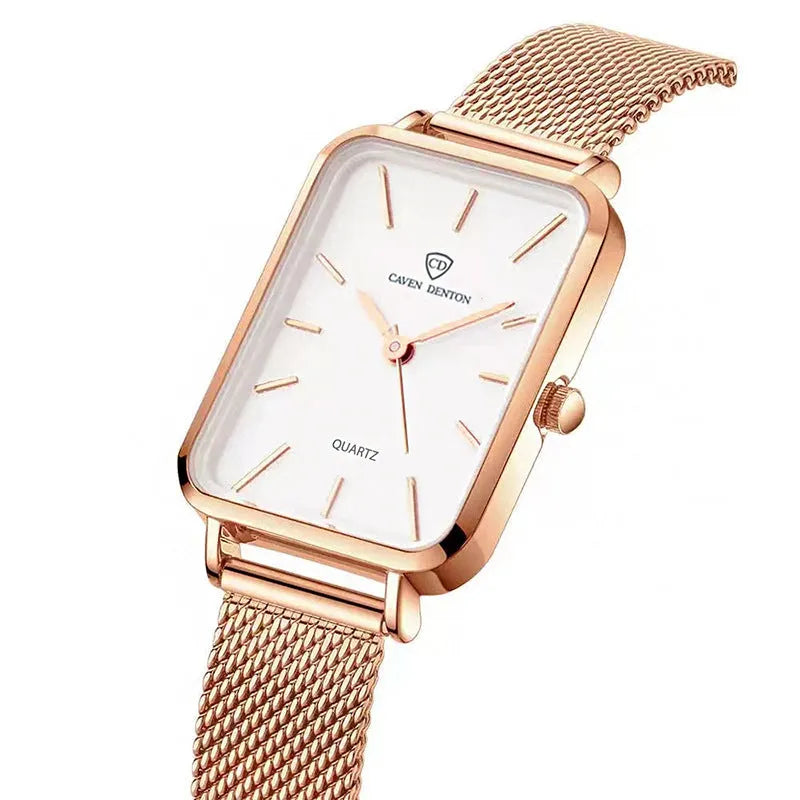 Women's waterproof quartz watch with alloy case and woven steel strap in rose gold or silver colour