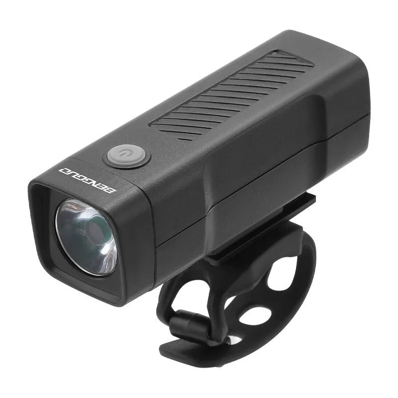 Black bicycle headlight with LED lens mounted on handlebars via a quick-release strap bracket.