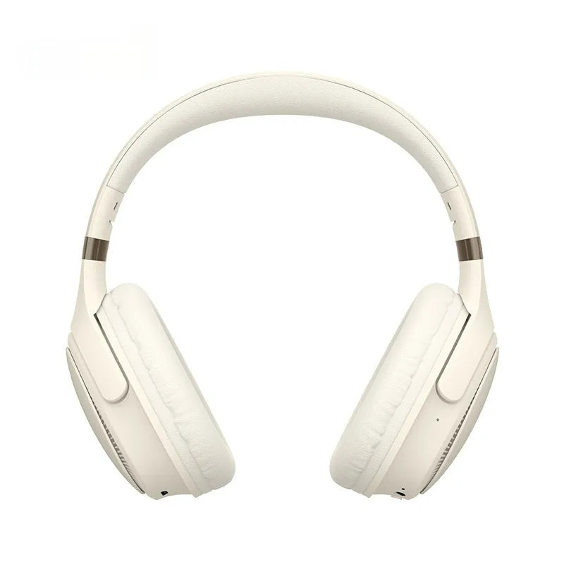 Wireless Bluetooth headphone head-mounted gaming headset in cream colour, PC ABS material, with noise reduction microphone.