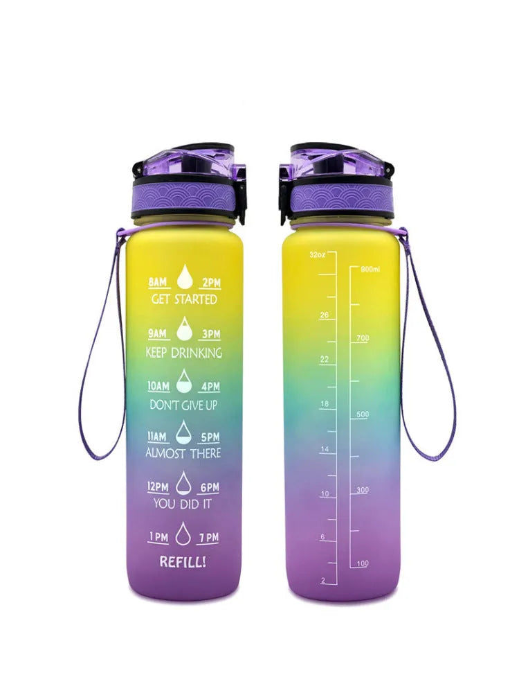 Transparent 1000ml BPA-free Tritan plastic sports bottle with kawaii design, clear body, and cap