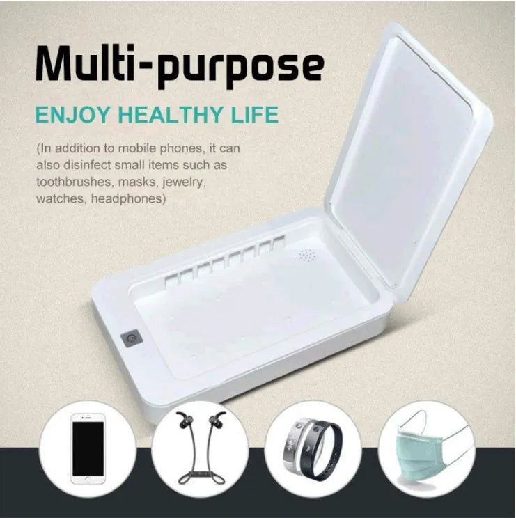 UV cell phone steriliser in purple light with lid closed, showing compact ABS design for 6.5-inch mobile phones