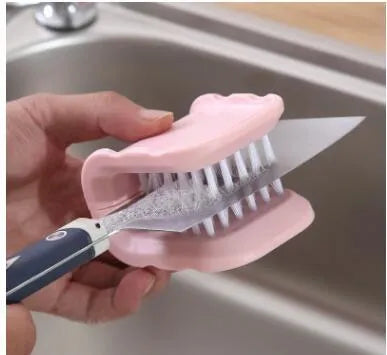 U-shaped ABS cutlery cleaner brush in blue with bristles for washing knives and forks