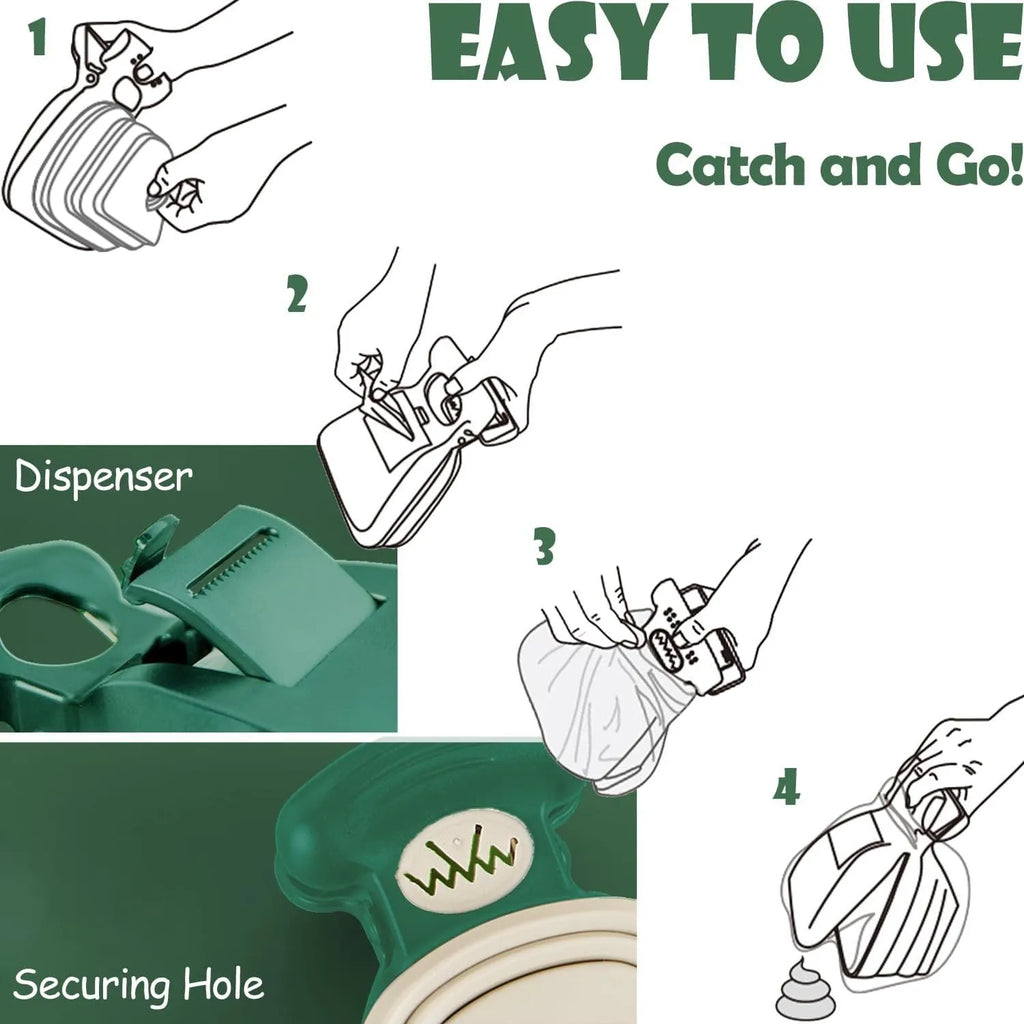 Blue portable pooper scooper with clip, expandable container, and bag dispenser for dog waste cleanup.