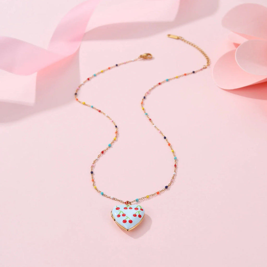 Women's gold-plated stainless steel necklace with fruit heart pendant on adjustable chain