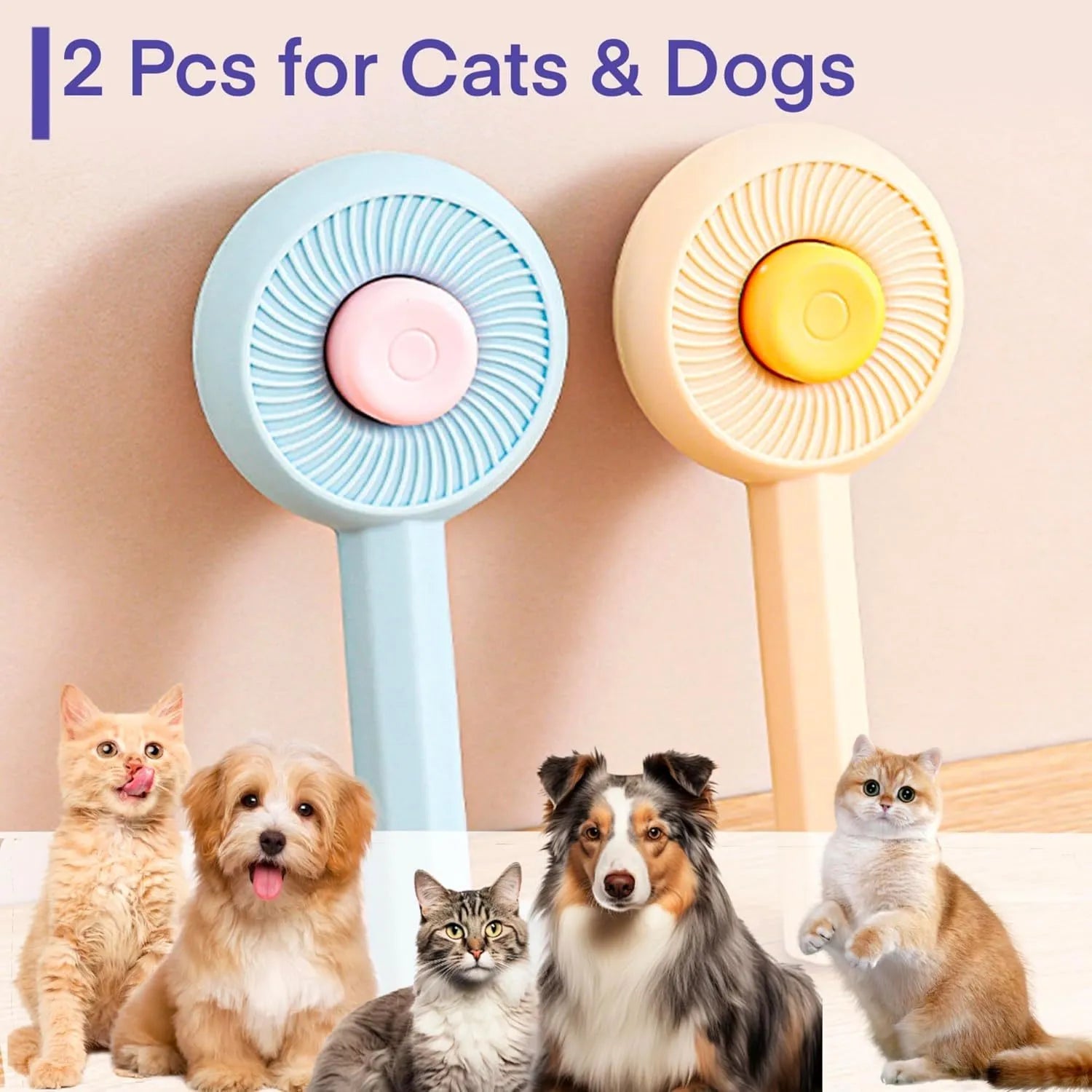 Blue and yellow pet grooming brush with self-cleaning button and angled needles