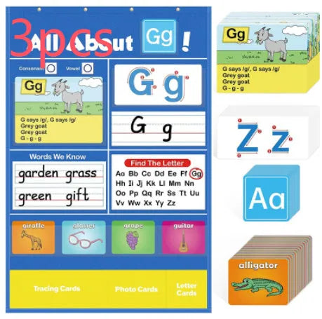 Alphabet learning chart playmat with word, letter, picture, and song cards laid out.