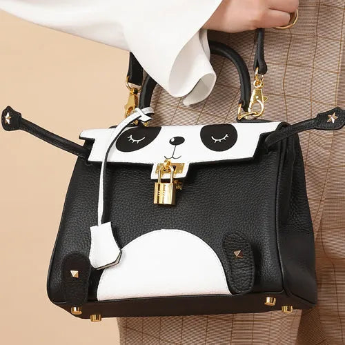 Panda print cowhide leather handbag in horizontal square shape, sweet lady style, shown in two size options.