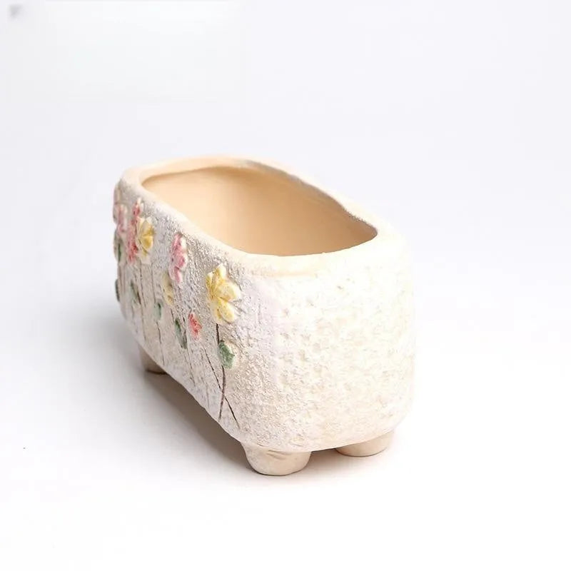 Rectangular hand-painted ceramic flower pot for succulents, 13.7x6.2x6.5cm, with decorative raised design