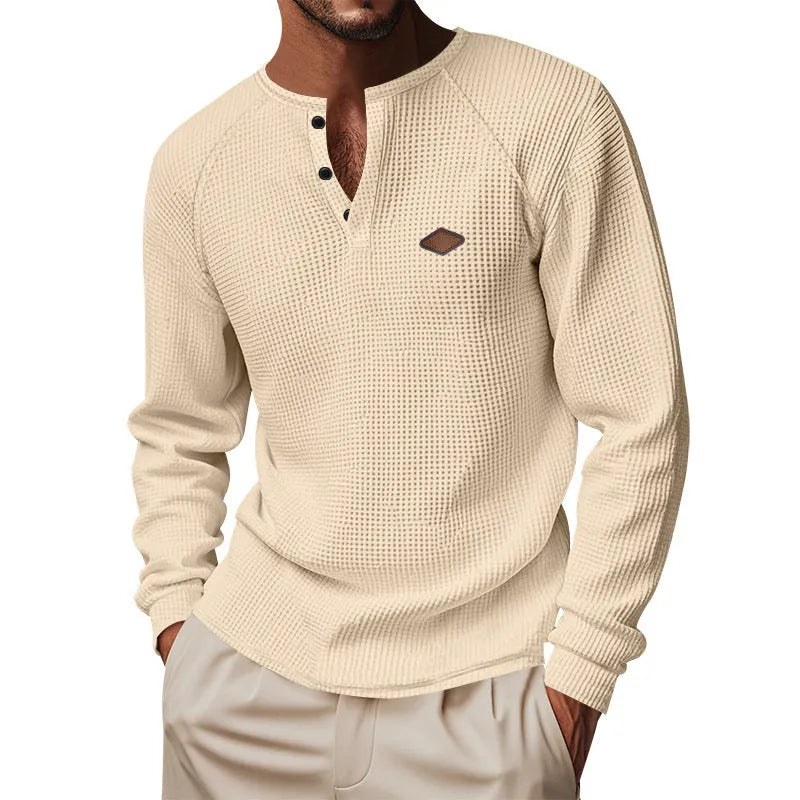 Men's waffle buckle quick-drying raglan long sleeve pullover in sapphire blue, loose fit, polyester fibre