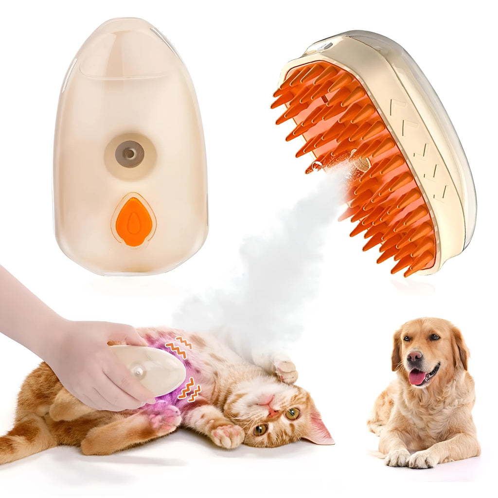 Yellow 4-in-1 cat steam brush with water spray, vibration massage, and ringworm detector for pet grooming