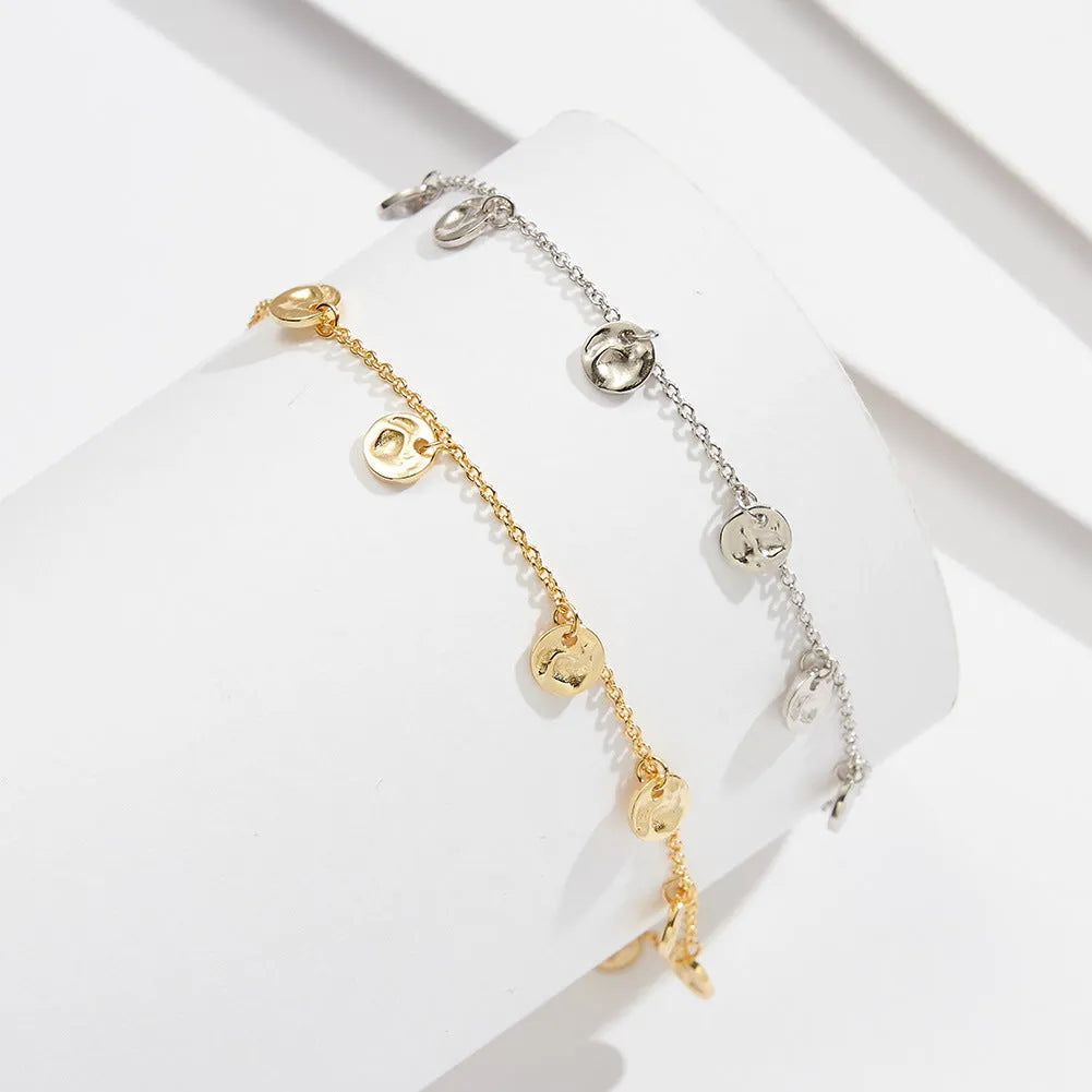 S925 silver round anklet in 14K gold colour, geometric links, women's all-matching fashion accessory
