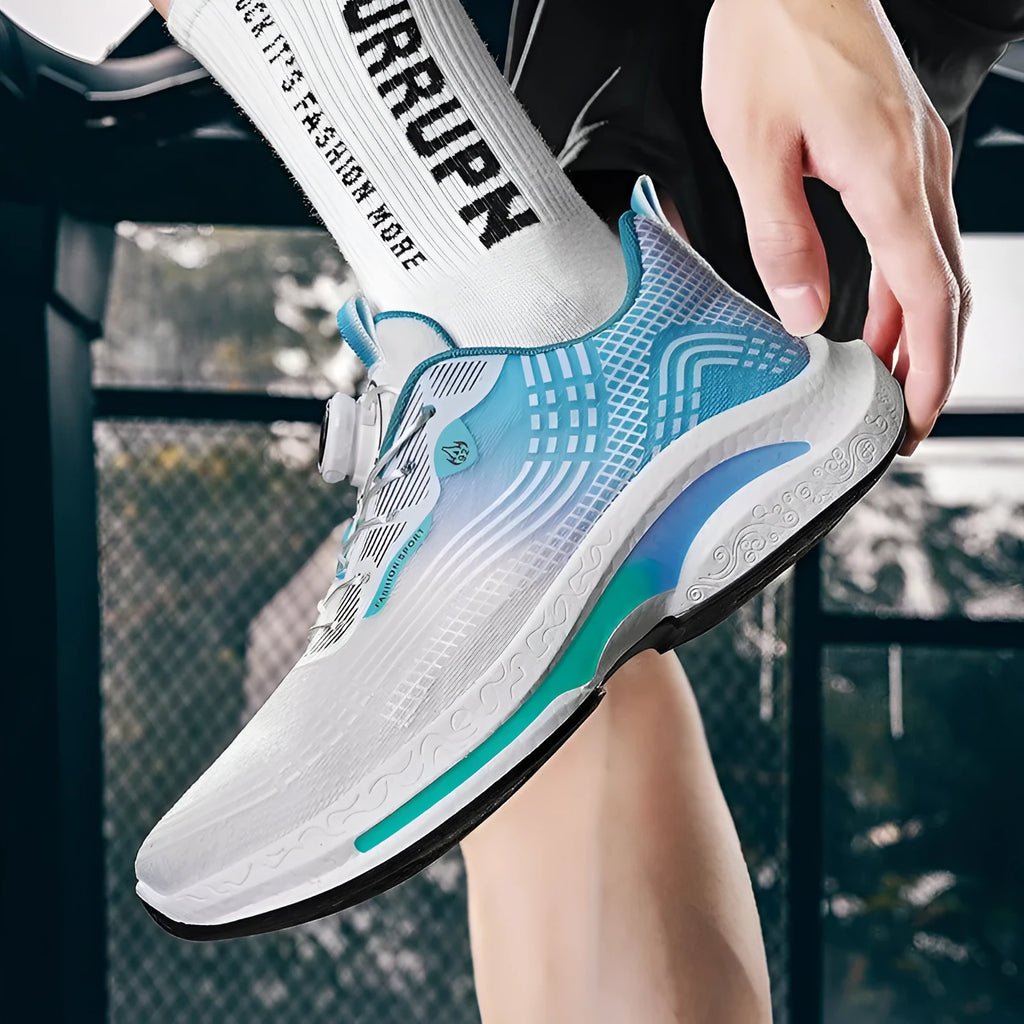 Men's white and blue mesh sneakers with rotating buckle closure and rubber sole