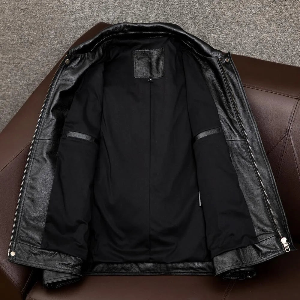 Men's black PU leather lapel jacket shown on a model, featuring side seam pockets and a loose fit.