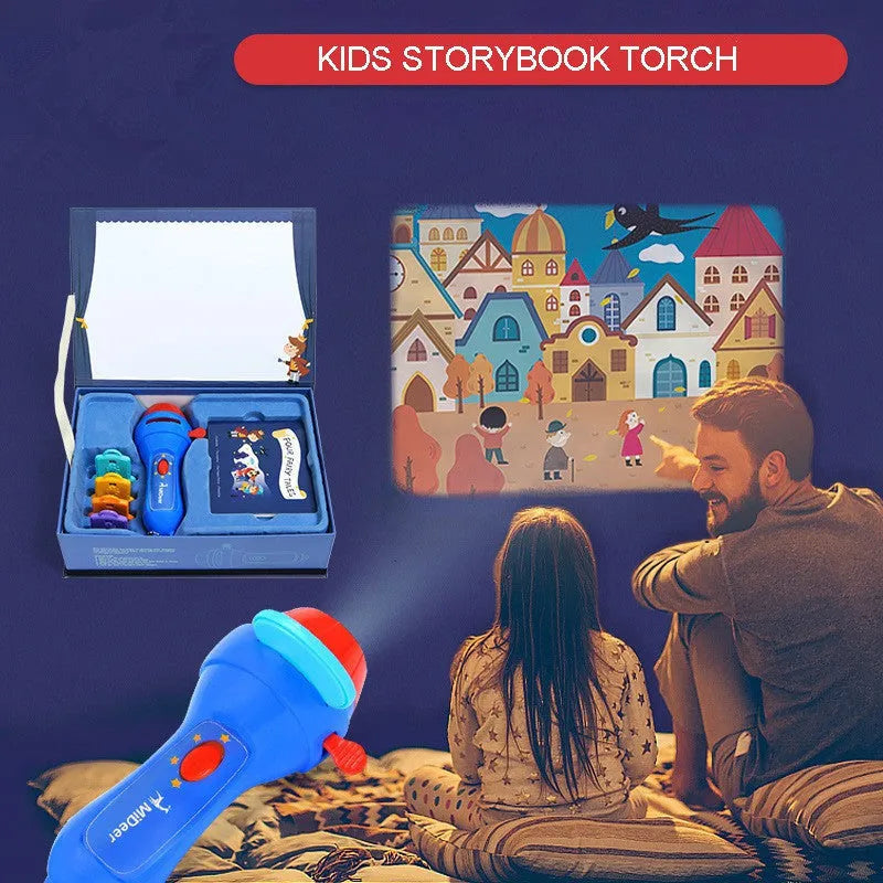 SmartKids children's story projector torch with four fairy tale discs projecting images on wall