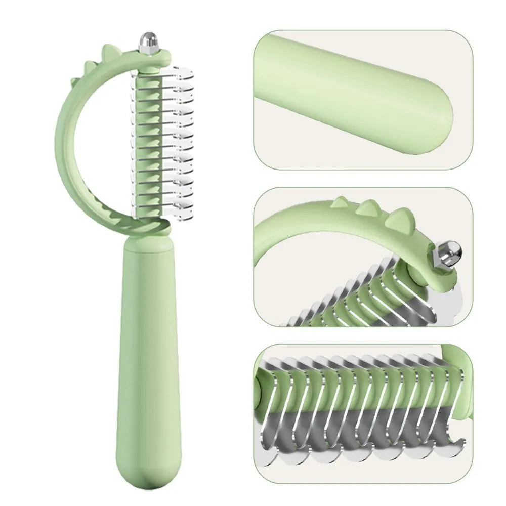 Blue dinosaur-shaped self-cleaning cat brush with stainless steel bristles on a white background