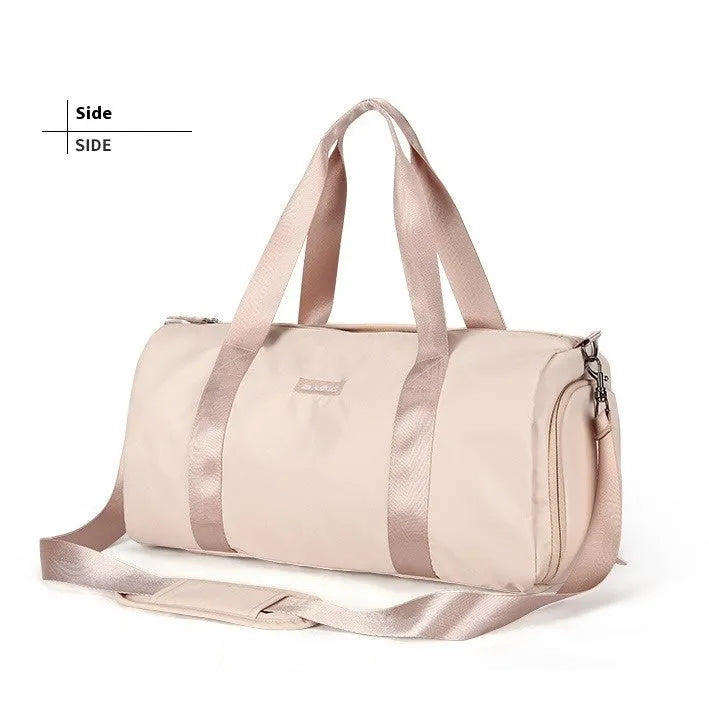 Women's casual portable sports bag in beige nylon with letter pattern and contrast colour details