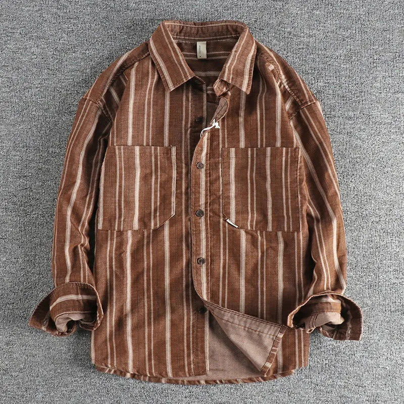Men's vintage yarn-dyed striped casual shirt in loose fit, cotton blend, Japanese retro style, apricot colour
