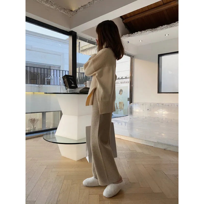 Women's high waist knitted wide-leg trousers in cream white colour with elastic waistband