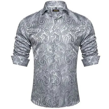 Men's polo collar long sleeve shirt with floral pattern in four-sided elastic polyester fabric, available in multiple colours and sizes
