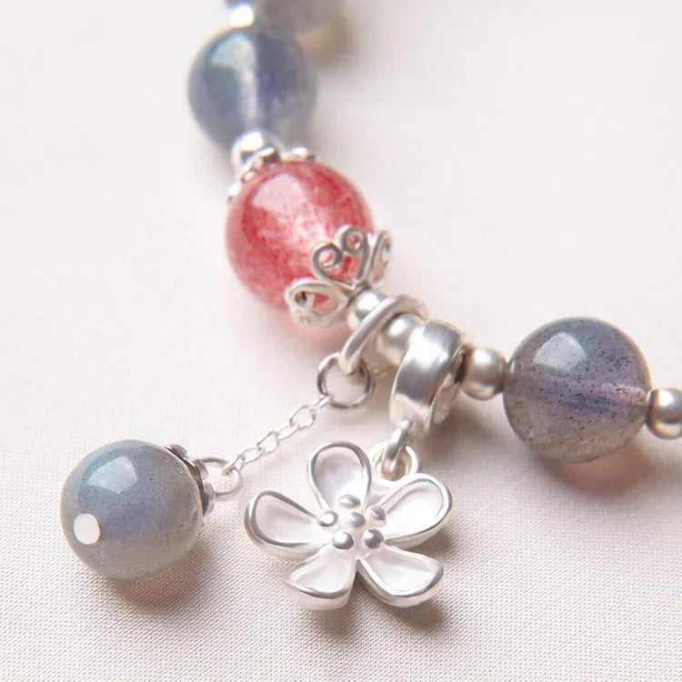 Grey moonlight crystal bracelet for women, 7.5mm beads, 925 sterling silver with honeysuckle clasp