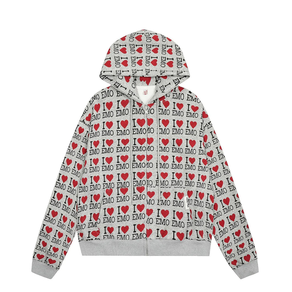 Women's melange grey hooded cardigan with a retro pattern, shown on a hanger.