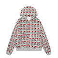 Women's melange grey hooded cardigan with a retro pattern, shown on a hanger.