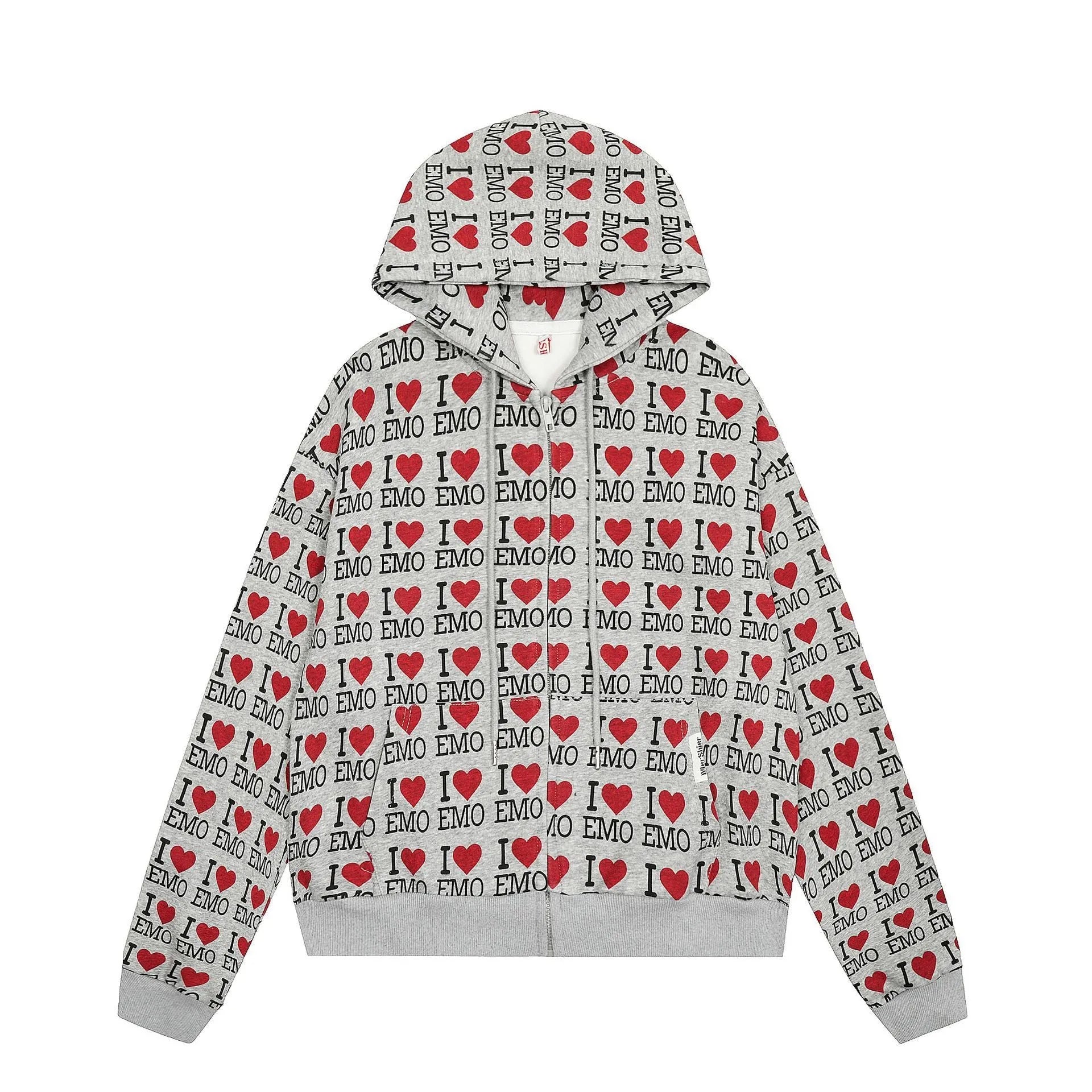 Women's melange grey hooded cardigan with a retro pattern, shown on a hanger.