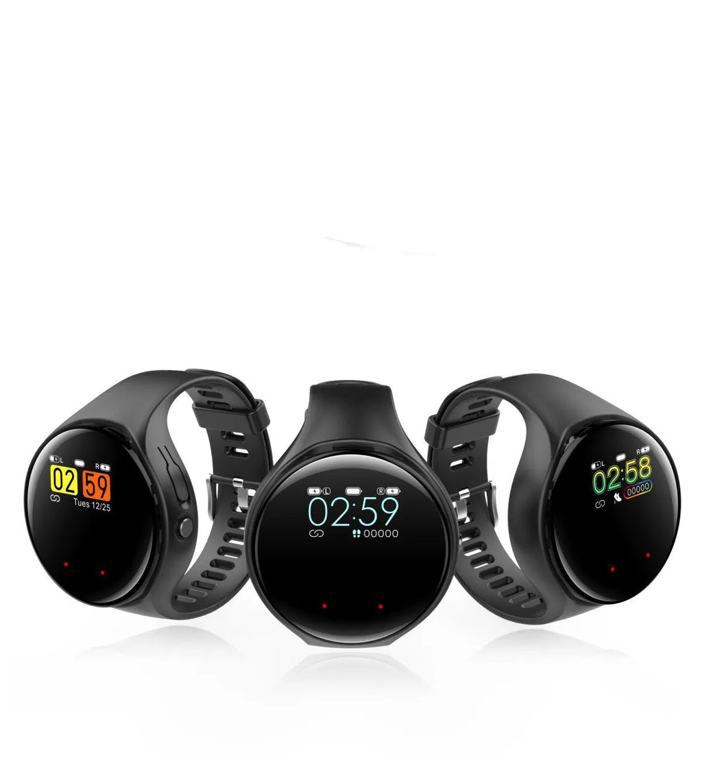 Black smart bracelet with detachable TWS Bluetooth earphones showing colour screen displaying heart rate and step count