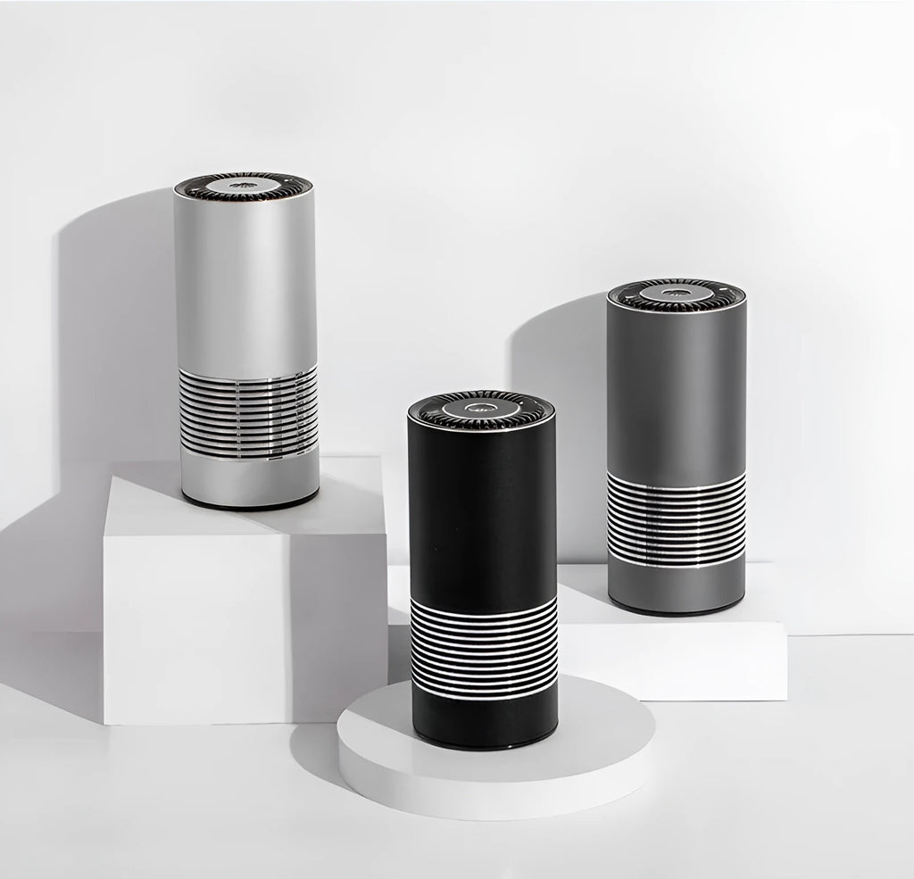 Car indoor wireless air purifier in silver, 65x150mm aluminium alloy body with USB power cord